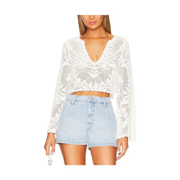 House of Harlow 1960 Sweaters - House Of Harlow 1960 x Revolve 'Kameli' White Cotton Pointelle Cropped Sweater